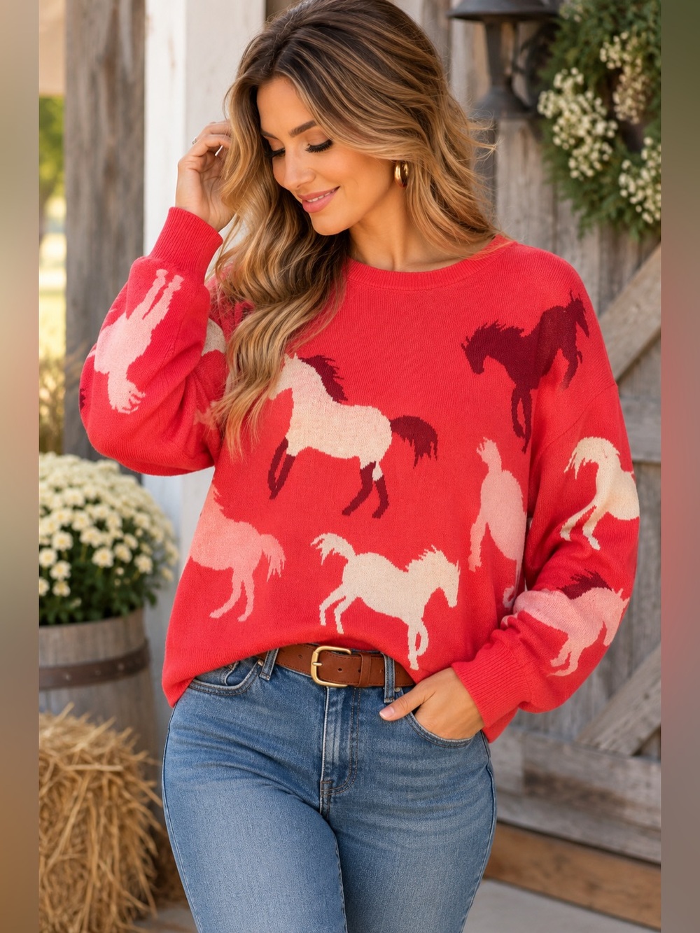 LOFT Horse Print Sweater Large Red Pink Equestrian Pullover